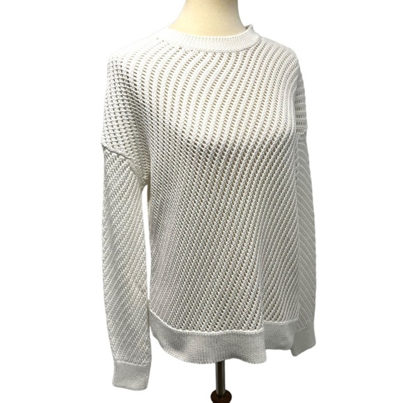 Vince Optic White Cotton Open Weave Crochet Knit Crew Neck Sweater Small - Picture 8 of 11